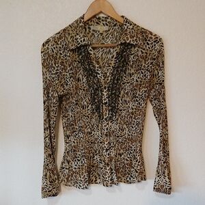 Vintage Leopard Print Button Down Flared Ruffle Long Sleeve Blouse Cathaya